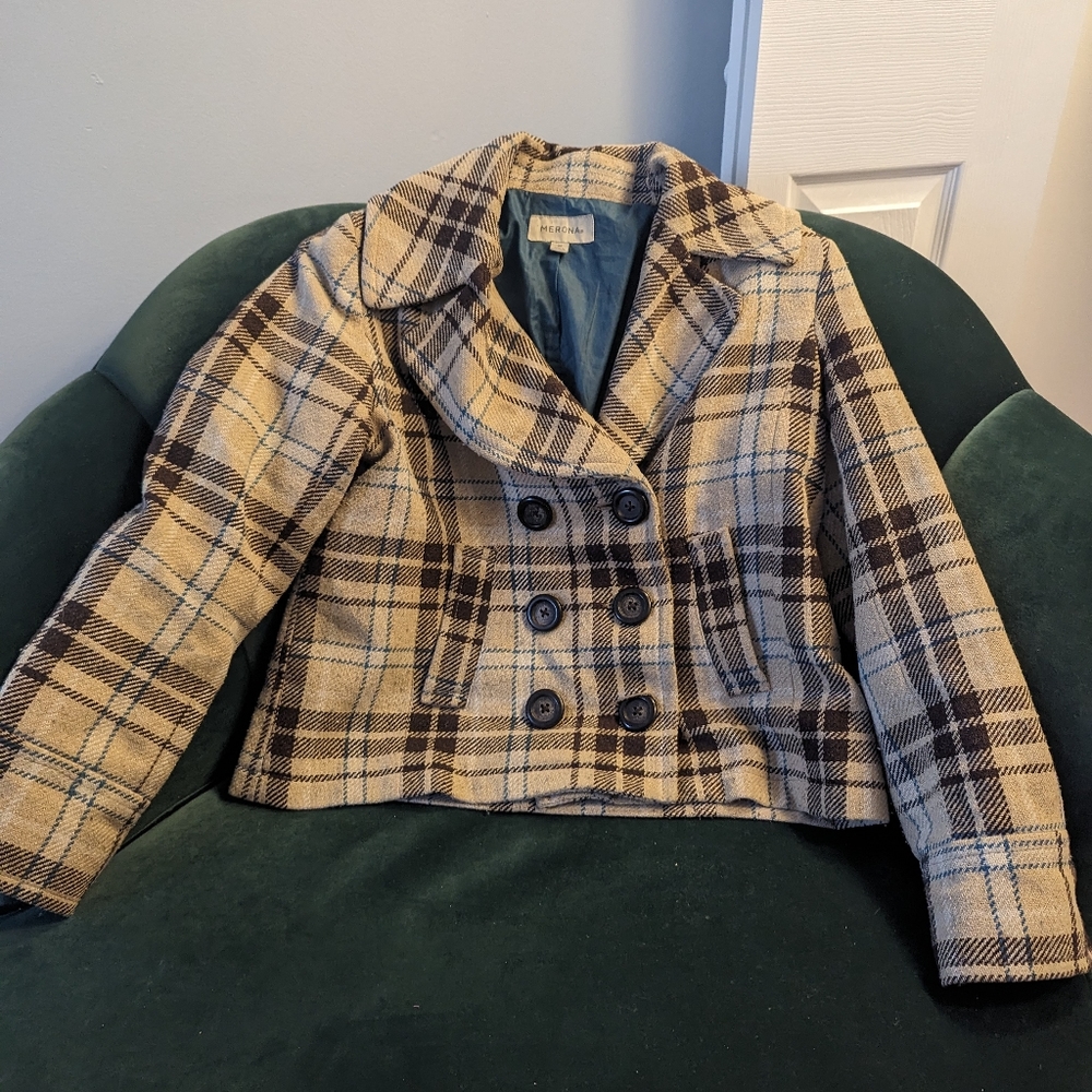 Wool Blend Tan Plaid Coat | Medium